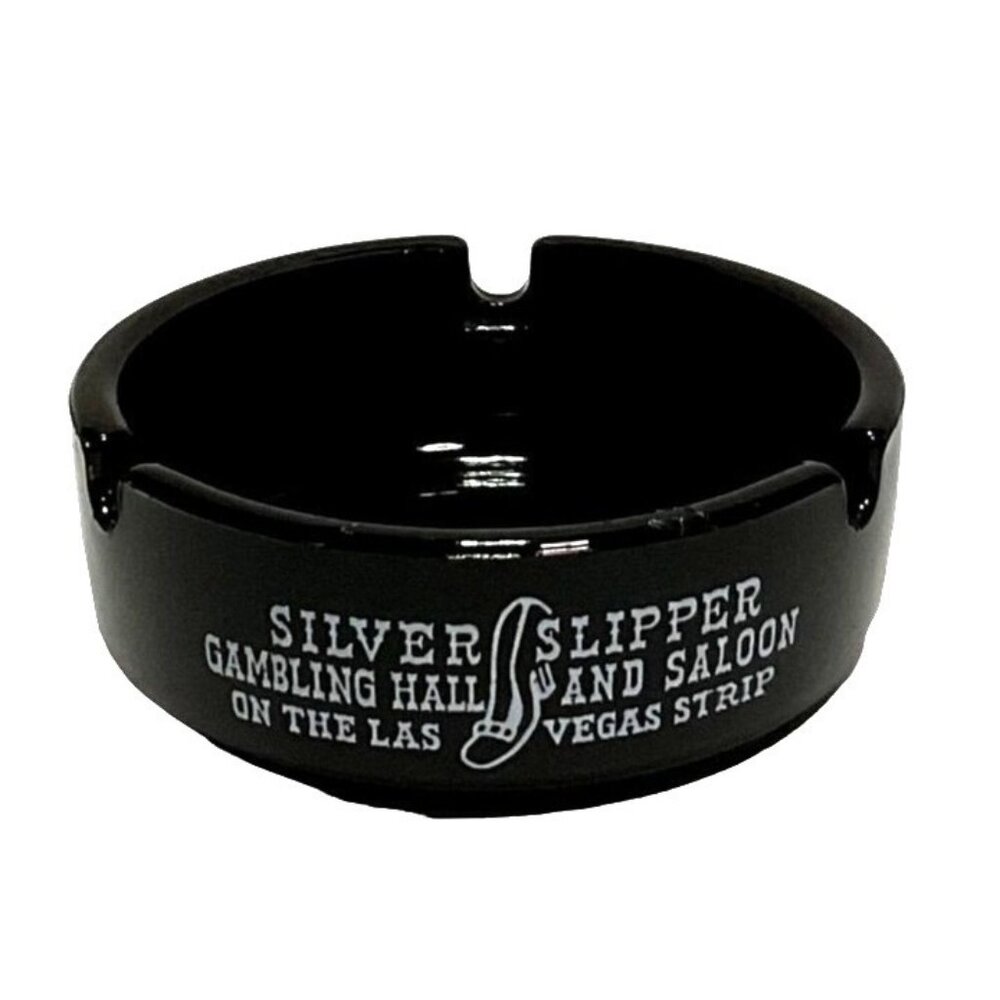 Vtg Silver Slipper Saloon Casino Ashtray Black Glass 3.5"D Las Vegas Strip